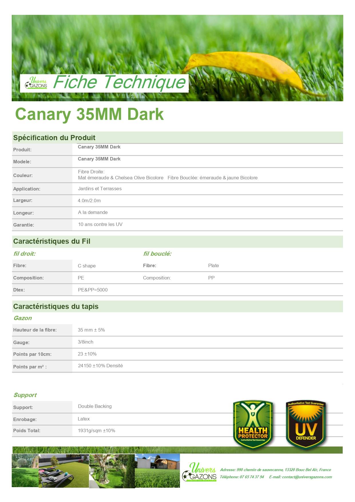 fiche technique gazon synthétique 35 mm