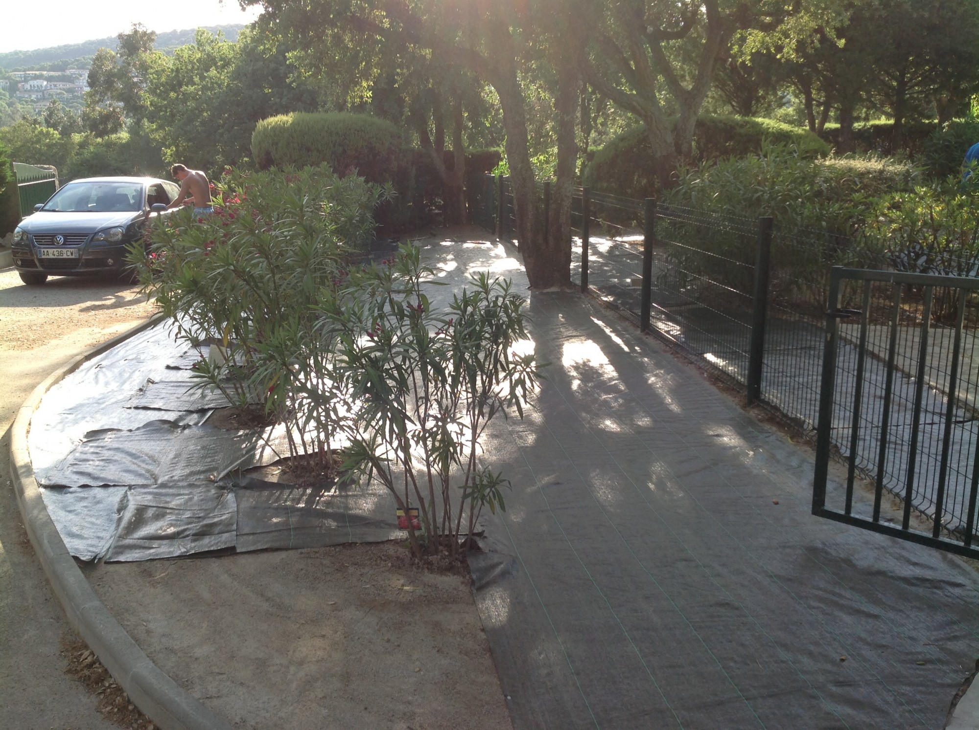 Mise en place de la toile de paillage anti repousse à Grimaud