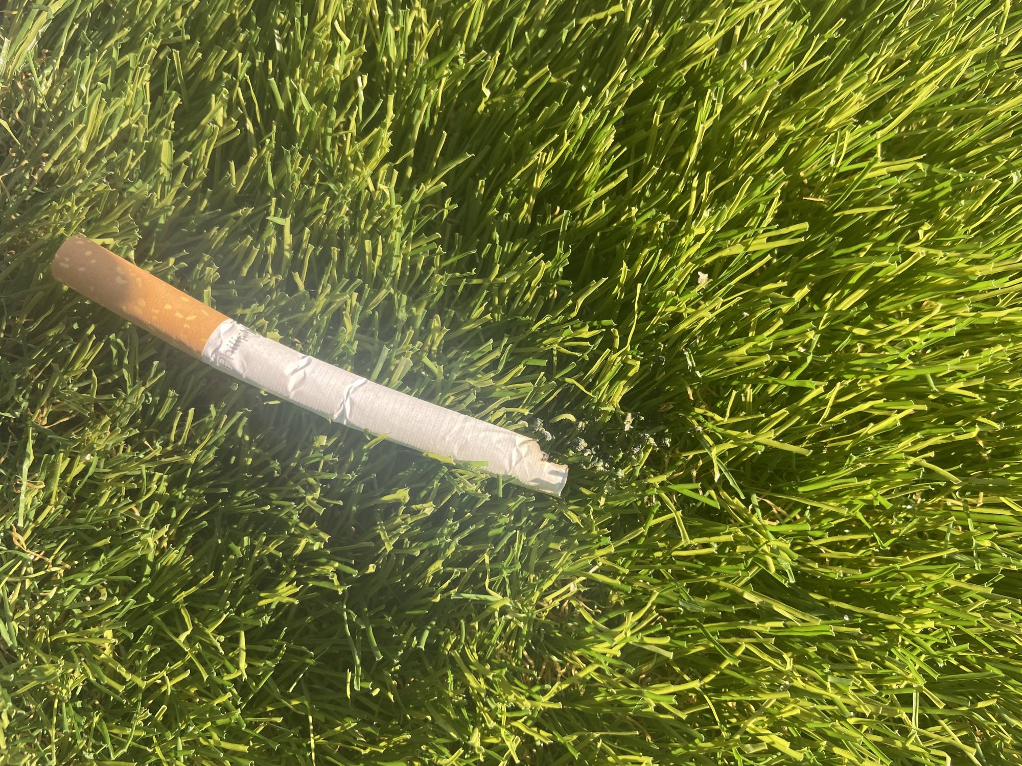 gazon synthétique détérioré par une cigarette  